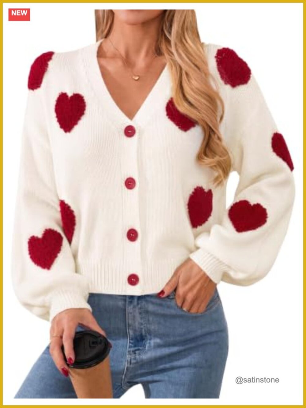 Cropped Heart Pattern Knit Cardigan Sweater for Women Cute Button Front V-Neck